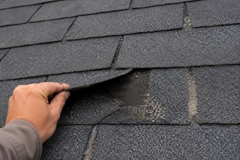 Inspector's hand lifting a damaged shingle during a free roof inspection